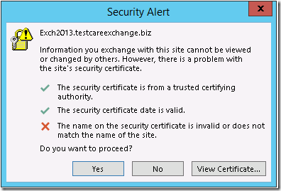 The name on security certificate is invalid Exchange 2013 - Azure365Pro.com
