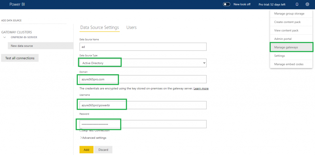 Power BI Data Gateway with Active Directory Data Source